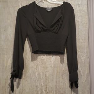 Bebe black crop top with sheer sleeves